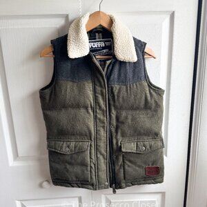 1970s Style Rare PUFFA Quilted Wool Puffer Vest with Shirling Collar (S) Green